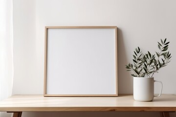 Fototapeta na wymiar Home office concept. Empty horizontal wooden picture frame mockup. Cup of coffee on wooden table. White wall background. Vase with olive branches. Scandinavian interior, Generative AI