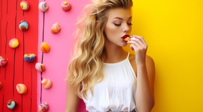 woman with candy, pretty young woman eating sweet candy on abstract colored background, sweet background, wooman eating sweet cookie