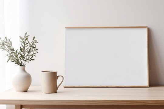 Home office concept. Empty horizontal wooden picture frame mockup. Cup of coffee on wooden table. White wall background. Vase with olive branches. Scandinavian interior, Generative AI
