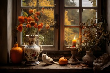 Obraz na płótnie Canvas Herbstliches Fensterbrett mit Kerzen und Blättern.