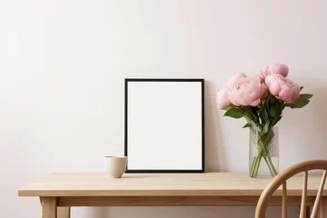 Fotobehang Living room, indoor still life. Empty picture frame mockup on beige wall. Wooden table and old chair. Glass vase with pink peonies bouquet. Elegant working space, home office concept. Generative AI © Image Alchemy