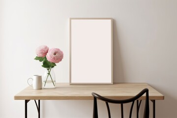 Living room, indoor still life. Empty picture frame mockup on beige wall. Wooden table and old chair. Glass vase with pink peonies bouquet. Elegant working space, home office concept. Generative AI