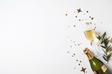 New Year festive web banner. Birthday, wedding party. Celebration concept. Champagne wine bottle, drinking glass. Olive tree branches. White table background. Golden star confetti. Generative AI