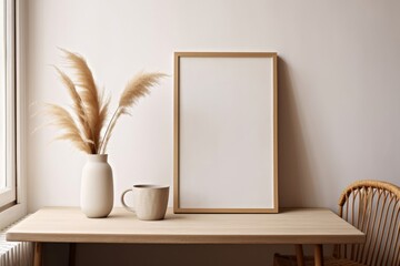Decorative boho still life. Modern vase with dry reed, grass on table, desk. Empty wooden picture frame mockup. Cup of coffee, books and rattan chair, Generative AI