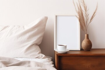 Portrait white frame mockup on retro wooden bedside table. Modern white ceramic vase, dry Lagurus ovatus grass. Cup of coffee and books in bed. Beige linen pillows in bedroom. Generative AI