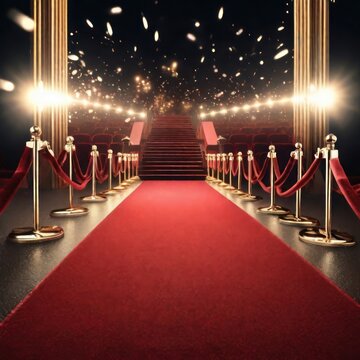 Red carpet rolling out in front of glamorous movie premiere background.Generative AI