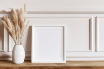 Blank white picture frame mockup. Vase with dry reed, grass on old wooden bench. Wall moulding background, trim decor. Elegant home interior decor, still life photo. Art dispaly. Front, Generative AI