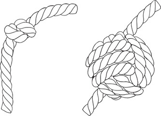 Set of knotted ropes cords monkey fist knot. Nautical thread whipcord with loops and noose. Twisted, braided, folded, spiral fiber. Illustration hand drawn graphic in black on white vector. © Nataliia