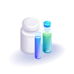 3D Isometric illustration. Cartoon set of medicines for the treatment of influenza, a jar with pills, injections, and a vaccine. Cans of blue and green liquids. Vector