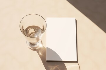 Summer stationery still life scene. Glass of water in sunlight with long harsh shadows on beige table background. Blank greeting card, invitation mockup scene Flat lay, top view. Generative AI