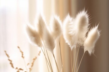 Close-up of beautiful creamy dry grass bouquet. Bunny tail, Lagurus ovatus plant against soft blurred beige curtain background. Selective focus. Floral home, Generative AI