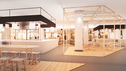 the food court, the ordering counter, and the seating.,3d rendering