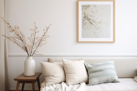 Spring home decor. Elegant scandinavian living room interior. Wooden picture frame, poster mockup on sofa. Linen striped cushions, throw. Blurred background. Cherry plum blossoms in vase,Generative AI