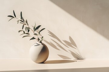 Modern summer still life photo. Beige ball shaped vase with green olive tree branch in sunlight with long shadows.Beige table wall background. copy space. Elegant lifestyle Mediterranean,GenerativeAI
