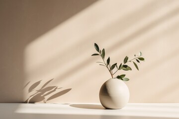 Modern summer still life photo. Beige ball shaped vase with green olive tree branch in sunlight with long shadows.Beige table wall background. copy space. Elegant lifestyle Mediterranean,GenerativeAI