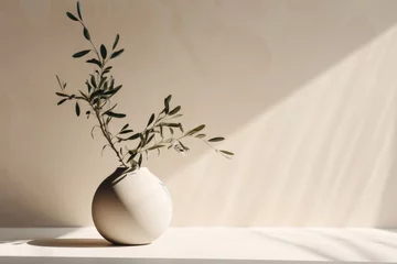 Foto op Plexiglas Modern summer still life photo. Beige ball shaped vase with green olive tree branch in sunlight with long shadows.Beige table wall background. copy space. Elegant lifestyle Mediterranean,GenerativeAI © Image Alchemy