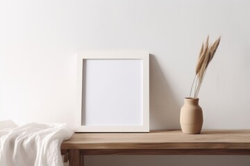 Portrait white frame mockup on vintage wooden console table. Little ceramic vase with dry Lagurus ovatus grass on pile of books. Blurred beige linen blanket in front. Modern Scandinavian,Generative AI
