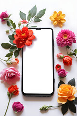 Smartphone mockup with blank screen and flowers on white background. 