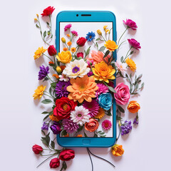Colorful flower bouquets growing on the smartphone.