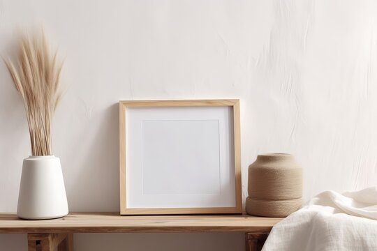 Portrait white frame mockup on vintage wooden console table. Little ceramic vase with dry Lagurus ovatus grass on pile of books. Blurred beige linen blanket in front. Modern Scandinavian,Generative AI