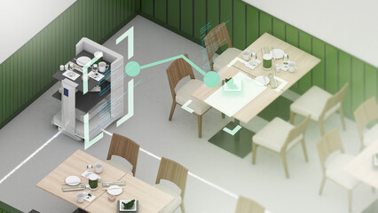 Fototapeta na wymiar Robotics in the food industry robots delivering food to restaurants,3D rendering