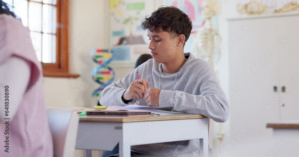 Poster school, exam and a boy student writing in class during a test or assessment learning or development.
