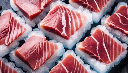 Slices of tuna fish on the ice cubes. Fresh Raw fish fillet. Seafood background