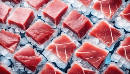 Slices of tuna fish on the ice cubes. Fresh Raw fish fillet. Seafood background. Top view, from above