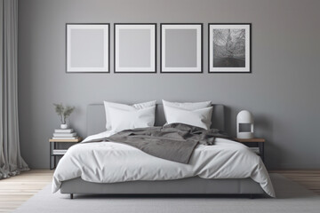 Stylish bedroom decor with two vertical frames on the wall, adding a touch of elegance and sophistication to the space. AI Generative.