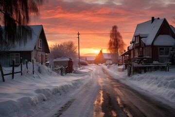 Winterlicher Sonnenaufgang über einem Dorf