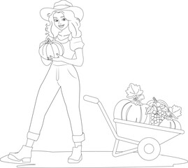 Vector outline illustration developing coloring page young woman farmer and wheelbarrow with pumpkins and grapes. Autumn season. The concept of farming, growing vegetables and harvesting.
