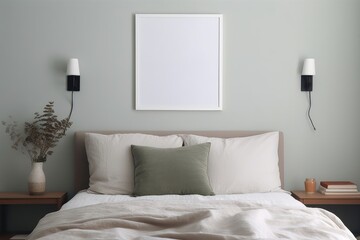 Landscape black picture frame mockup on sage green wall. Elegant bedroom view. White and grey linen pillows, blanket.Night stand with ceramic vase, dry fern and books. Scandinavian, Generative AI