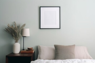Landscape black picture frame mockup on sage green wall. Elegant bedroom view. White and grey linen pillows, blanket.Night stand with ceramic vase, dry fern and books. Scandinavian, Generative AI - obrazy, fototapety, plakaty