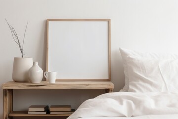 Modern Scandinavian bedroom. Minimal home, interior still life photo. Trendy marble lamp on old wooden bench, table. Blank black horizontal picture frame mockup. Cup of coffee on books. Generative AI - obrazy, fototapety, plakaty