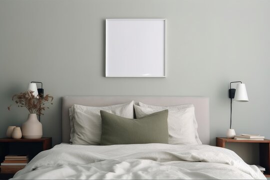 Landscape black picture frame mockup on sage green wall. Elegant bedroom view. White and grey linen pillows, blanket.Night stand with ceramic vase, dry fern and books. Scandinavian, Generative AI