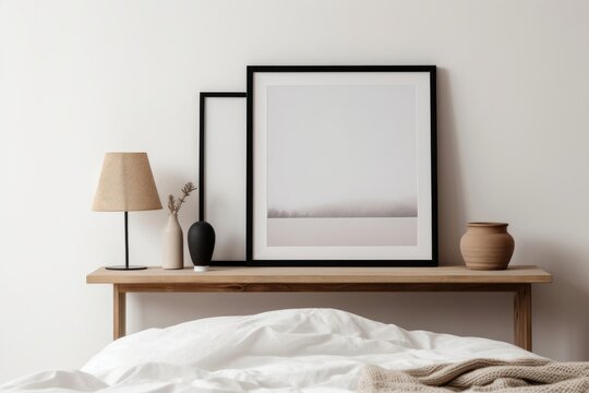 Modern Scandinavian bedroom. Minimal home, interior still life photo. Trendy marble lamp on old wooden bench, table. Blank black horizontal picture frame mockup. Cup of coffee on books. Generative AI