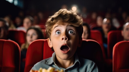 Little boy with astonished and surprised look is watching a movie in a cinema.  - obrazy, fototapety, plakaty