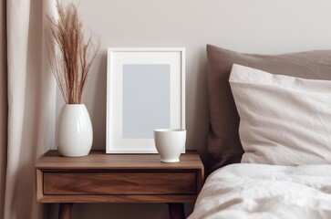 Vertical white picture frame mockup. Retro wooden bedside table. Modern white ceramic vase with dry Lagurus ovatus grass and cup of coffee. Beige linen, velvet pillows in Scandinavian, Generative AI