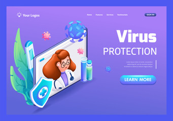 3D Isometric, cartoon. Medical worker with freckles and glasses. Online medicine, healthcare. Consultation of a virologist, appointment of a course of treatment. For Landing Page