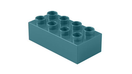 Peacock Blue Plastic Bricks Block Isolated on a White Background. Children Toy Brick, Perspective View. Close Up View of a Game Block for Constructors. 3D illustration. 8K Ultra HD, 7680x4320, 300 dpi