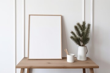 Christmas Scandinavian interior. Blank vertical wooden picture frame mockup. Pine tree branches in vase, cup of coffee and old books on table, desk. White wall background, doors. Generative AI
