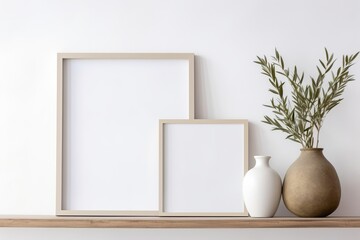 Elegant interior still life. Two floating shelves. Blank wooden picture frame mockup. Textured vase with olive tree branches and old books. Modern Mediterranean home. White wall, Generative AI