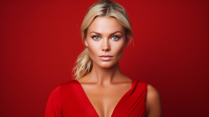 Fototapeta premium Blonde Woman with Blue Eyes on Red