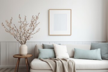 Modern spring scandinavian living room interior. Wooden picture frame, poster mockup. Sofa with linen pale blue striped cushions. Cherry plum blossoms, Generative AI