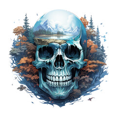 A serene Halloween Skull t-shirt design, showcasing a delicate skull carved from ice, surrounded by a frozen lake, Generative Ai