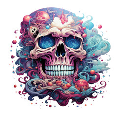 A dreamlike Halloween Skull t-shirt design, presenting a skull made of delicate porcelain, floating amidst clouds and stars in a surreal celestial realm, Generative Ai
