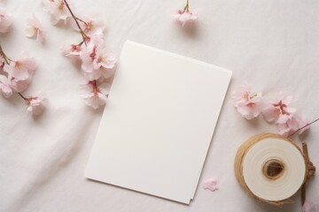 Wedding stationery mock-up scene. Blank greeting cards, envelope on linen tablecloth background with pink blossoming cherry tree branches and ribbon. Feminine still life composition. Generative AI