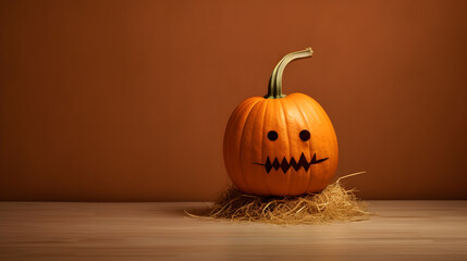 Halloween pumpkin jack-o-lantern background. Isolated, minimalist, jack o lantern, carving. Original, funny, scary, trick, treat. With copy space - obrazy, fototapety, plakaty