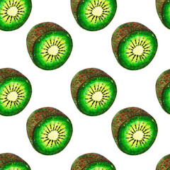 Exotic Watercolor green kiwi pattern on white background. Healthy vegan food. Delicious Organic food. Isolated object. Healthy eating.