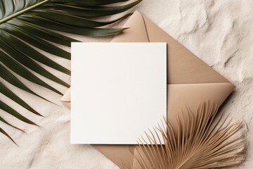 Summer stationery still life. Closeup of blank card mock-up and craft envelope on dry palm leaf. Grunge beige concrete background. Flat lay, top view, Generative AI